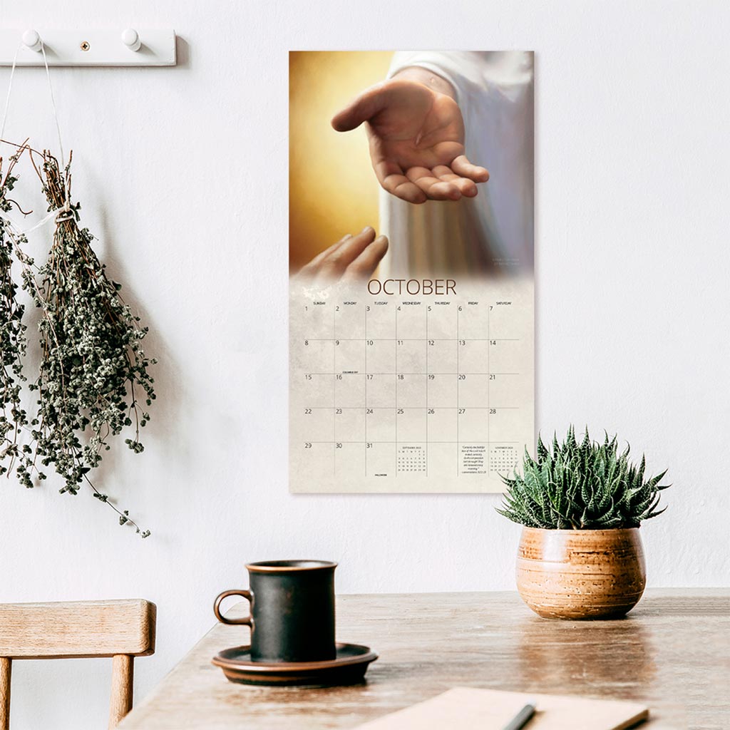  Calendar featuring Jesus' hand. Symbolizes divine guidance and blessings.