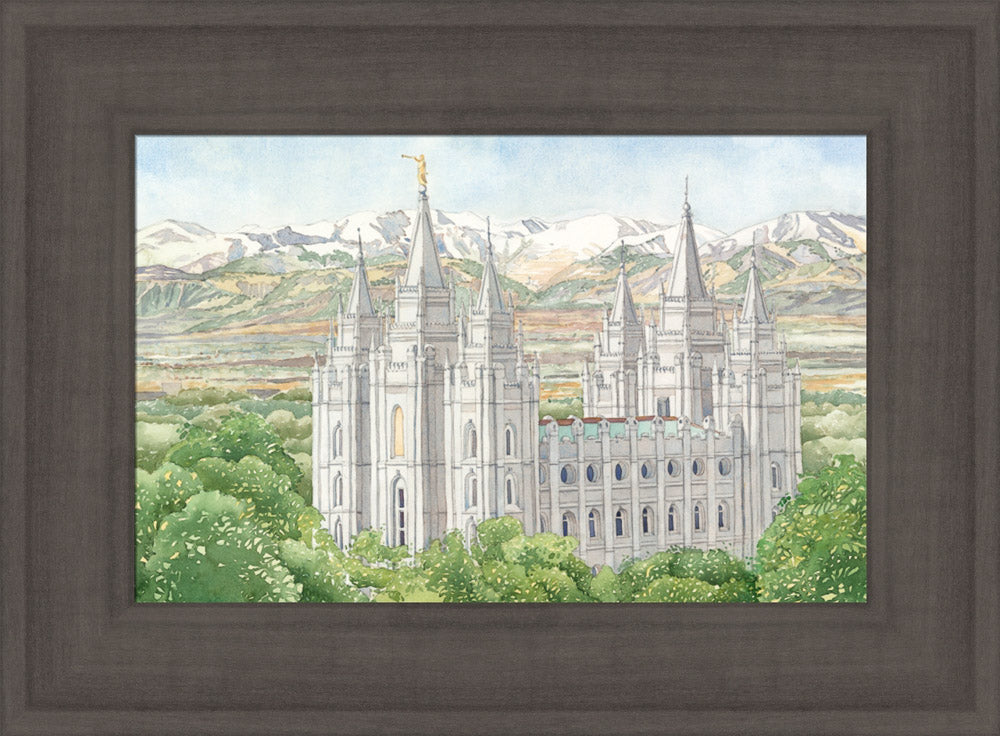 Watercolor painting of the Salt Lake Utah Temple surrounded by green trees.