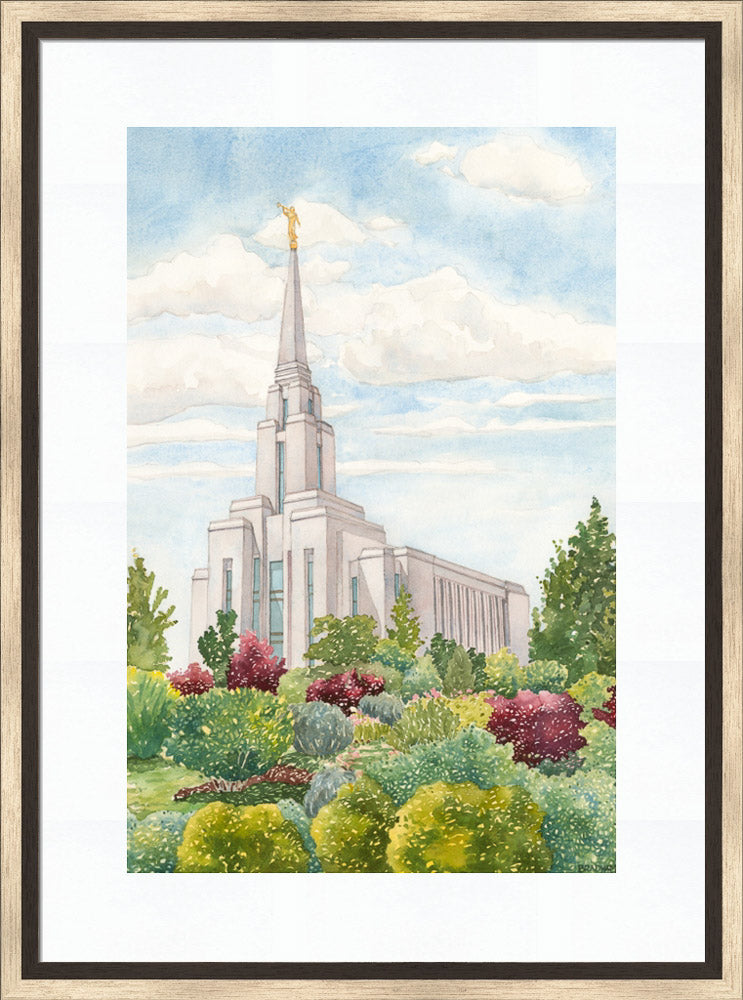 Watercolor painting of the Oquirrh Mountain Utah Temple.