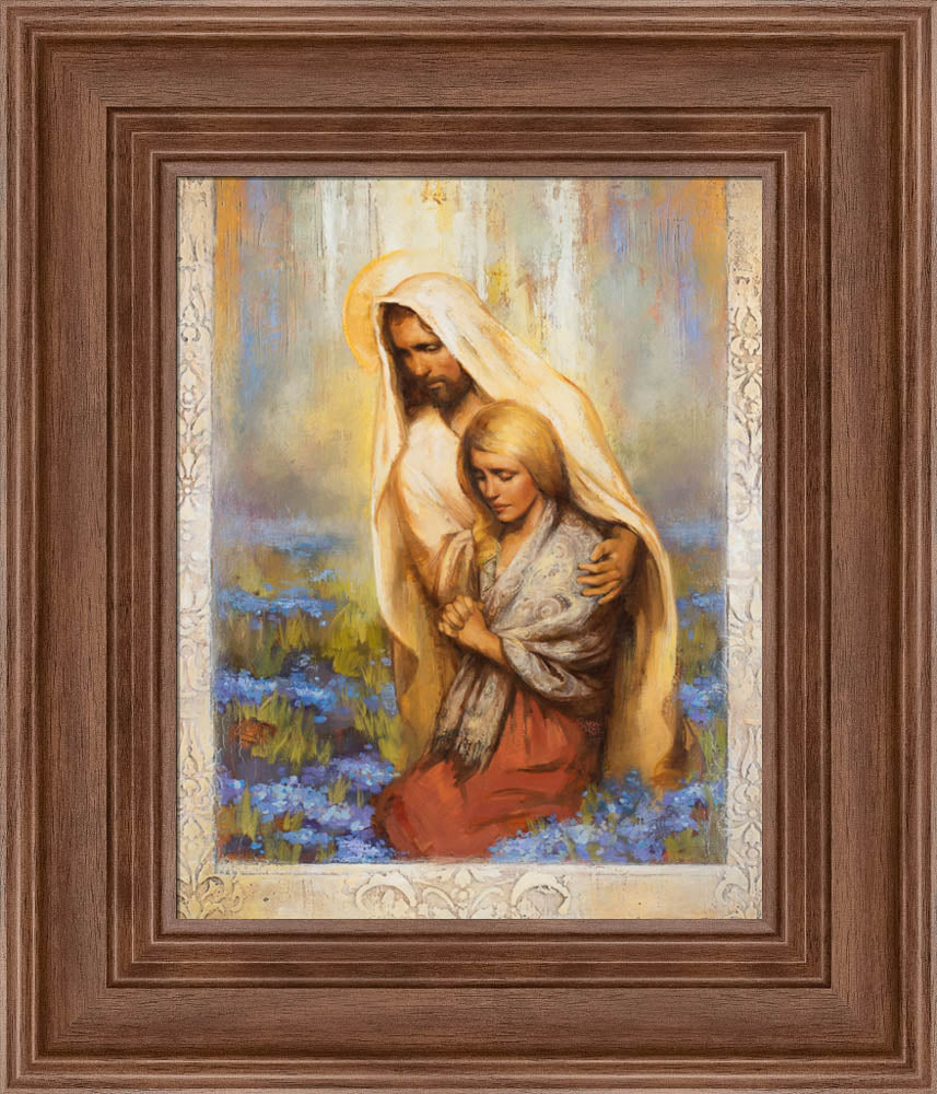 Jesus comforts women while she kneels and prays.