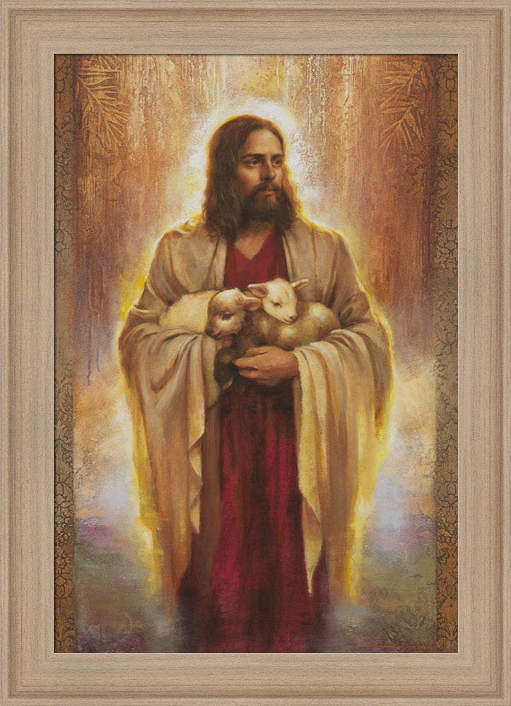 Jesus standing holding two lambs.
