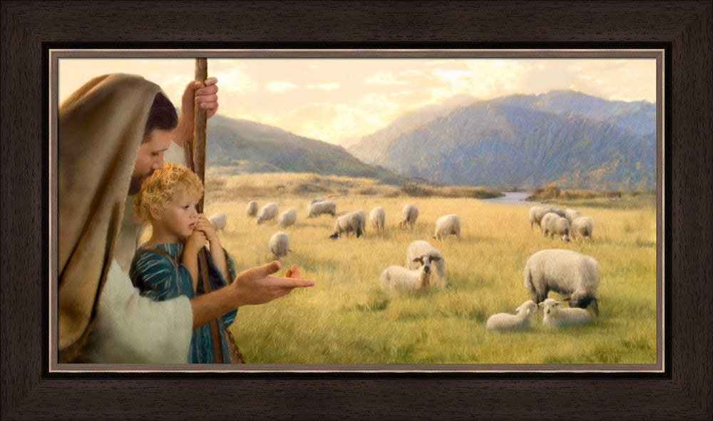 Feed My Sheep 24x41 framed giclee canvas dark brown frame