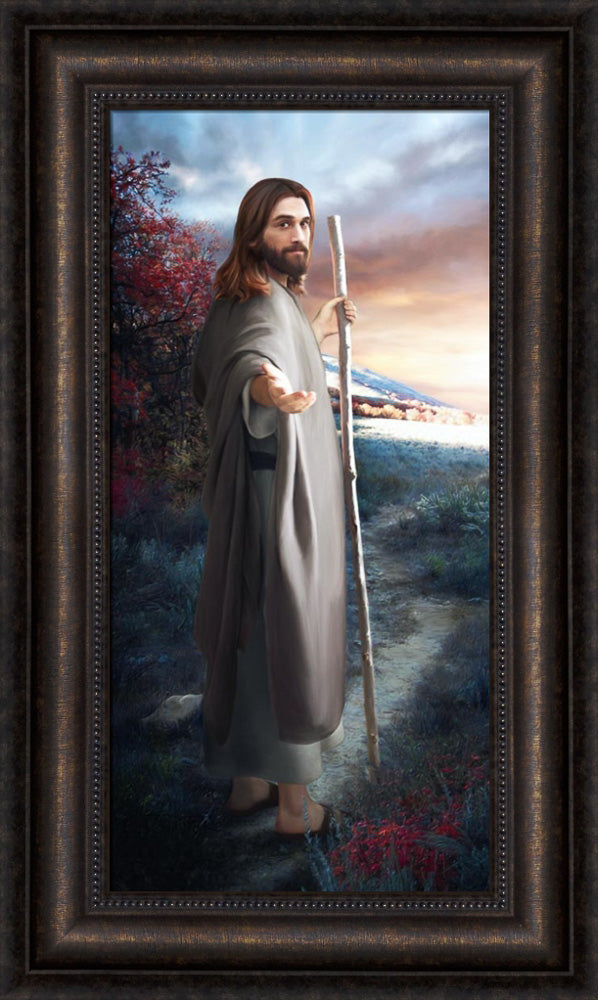 Jesus walking on path turned around reaching with one hand.