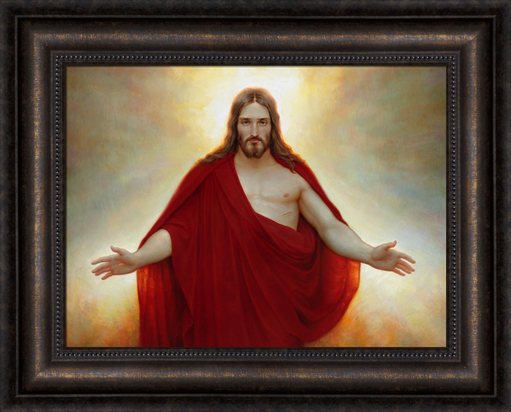 Jesus wearing a red robe with arms stretched out and light behind him.
