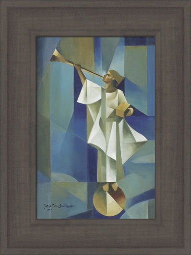 Angel Moroni stands on a circular structure holding trumpet and gold plates.