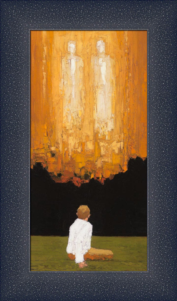 Modern painting of Joseph Smith in the sacred grove.