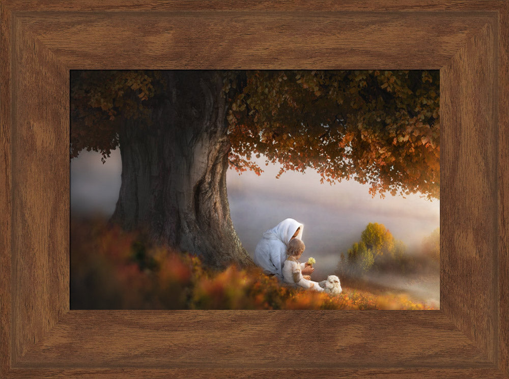 Jesus sitting beneath an autumn tree next to a small child. He is showing the child a white flower.