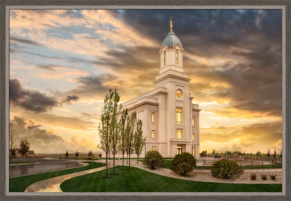 Cedar City Temple - Covenant Path 17x25 framed metal print gray frame