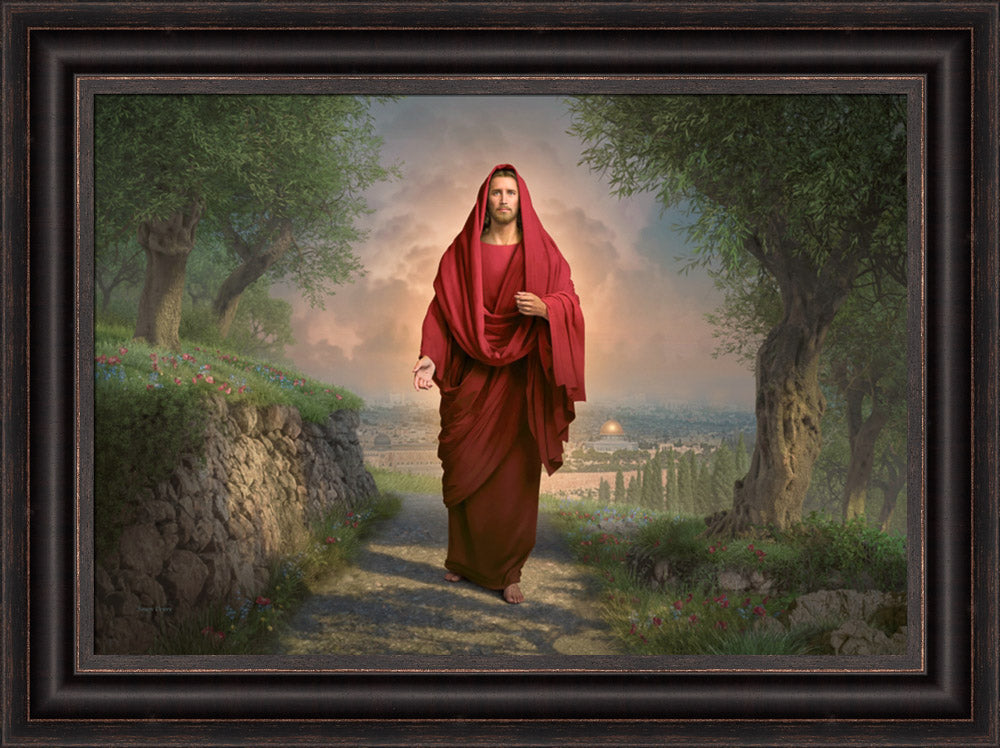 Jesus in a red robe walking along a path surrounded by pretty greenery.