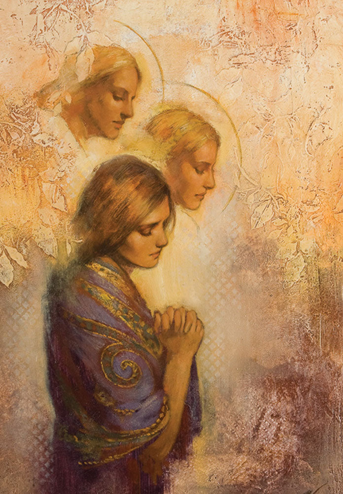 A women praying with two angels above her.