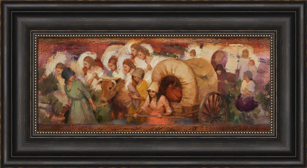 Angels helping women pioneers pull handcarts across the plains.