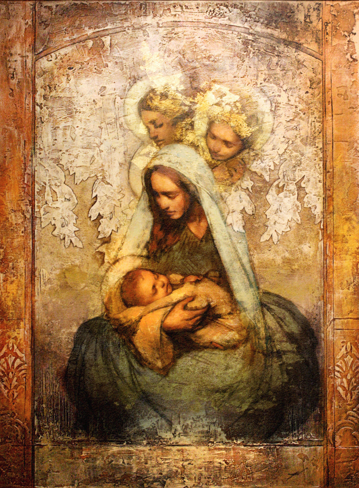 Mother holds baby as angels watch over and comfort her.