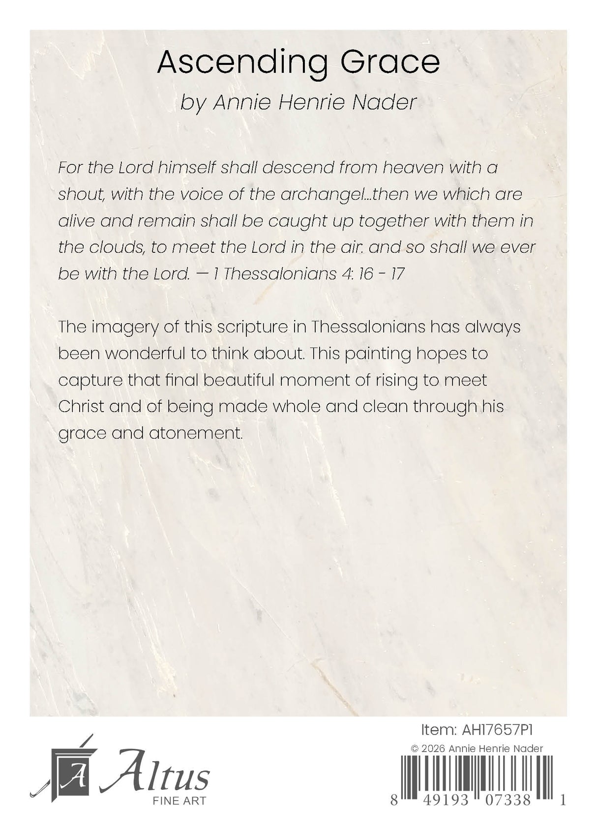 Back of a painting titled 'Ascending Grace' by Annie Henrie Nader with text and Altus Fine Art logo.