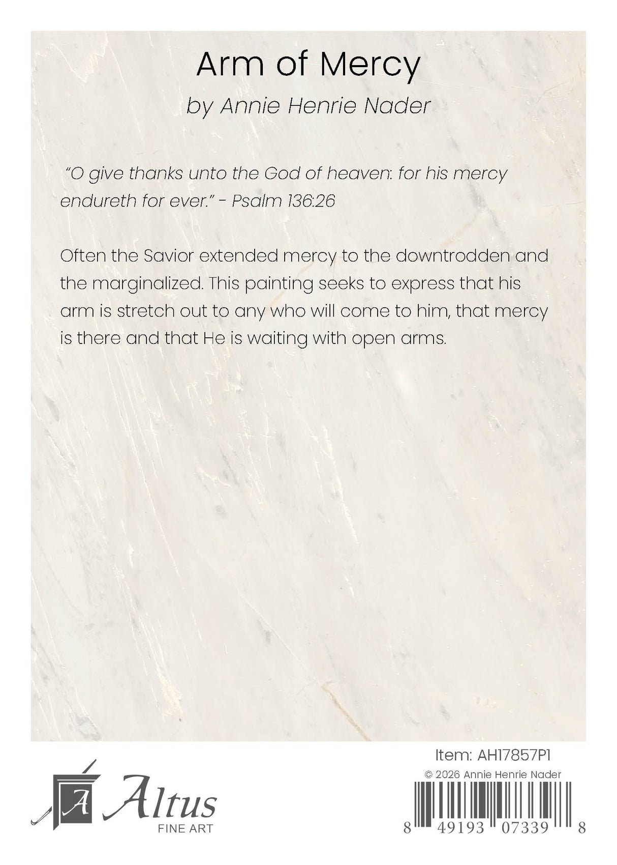 Back cover of a book titled 'Arm of Mercy' by Annie Henrie Nader with text and Altus Fine Art logo.
