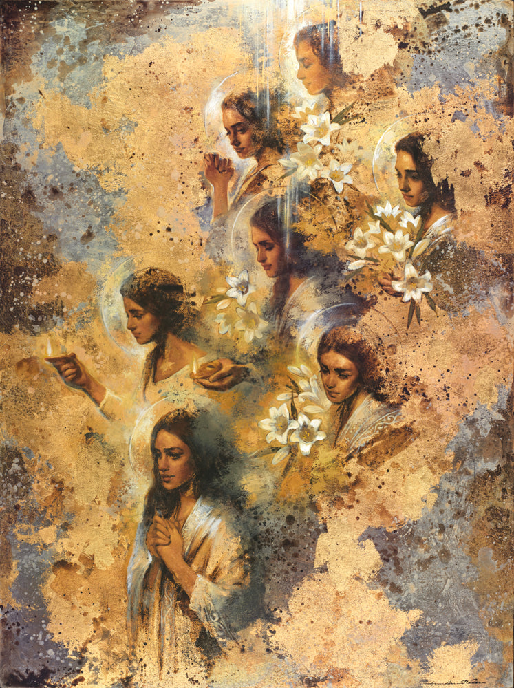 Painting of a woman in a white robe with hands clasped in prayer, surrounded by several other women's faces (angels) around her, some holding lit lamps and others holding white lily flowers, all set against a textured golden and gray background.