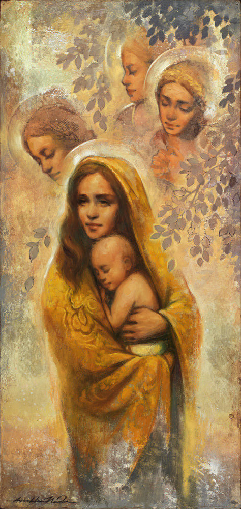 Painting of a mother in golden robes holding a sleeping infant, watched over by three angel faces layered softly above her among tree branches, all rendered in warm gold and brown tones.