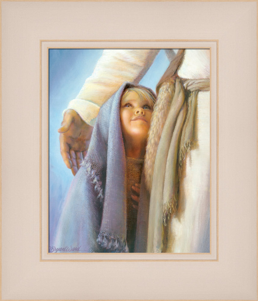 Young girl looking up at Jesus who has his arm around her for comfort