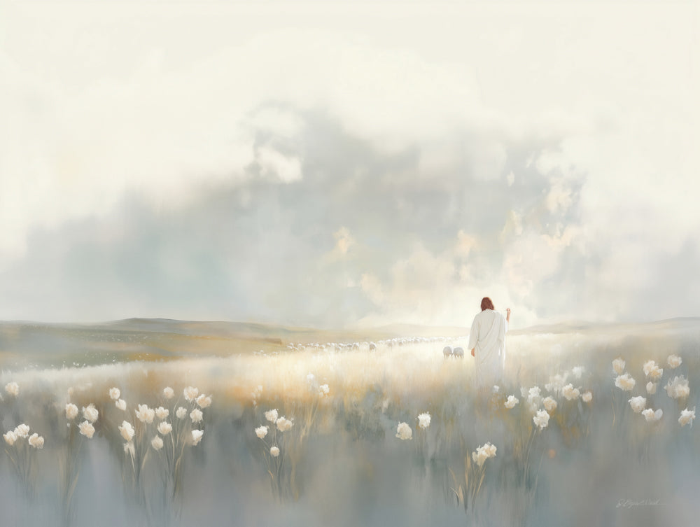 Jesus Christ in a field with flowers and sheep.
