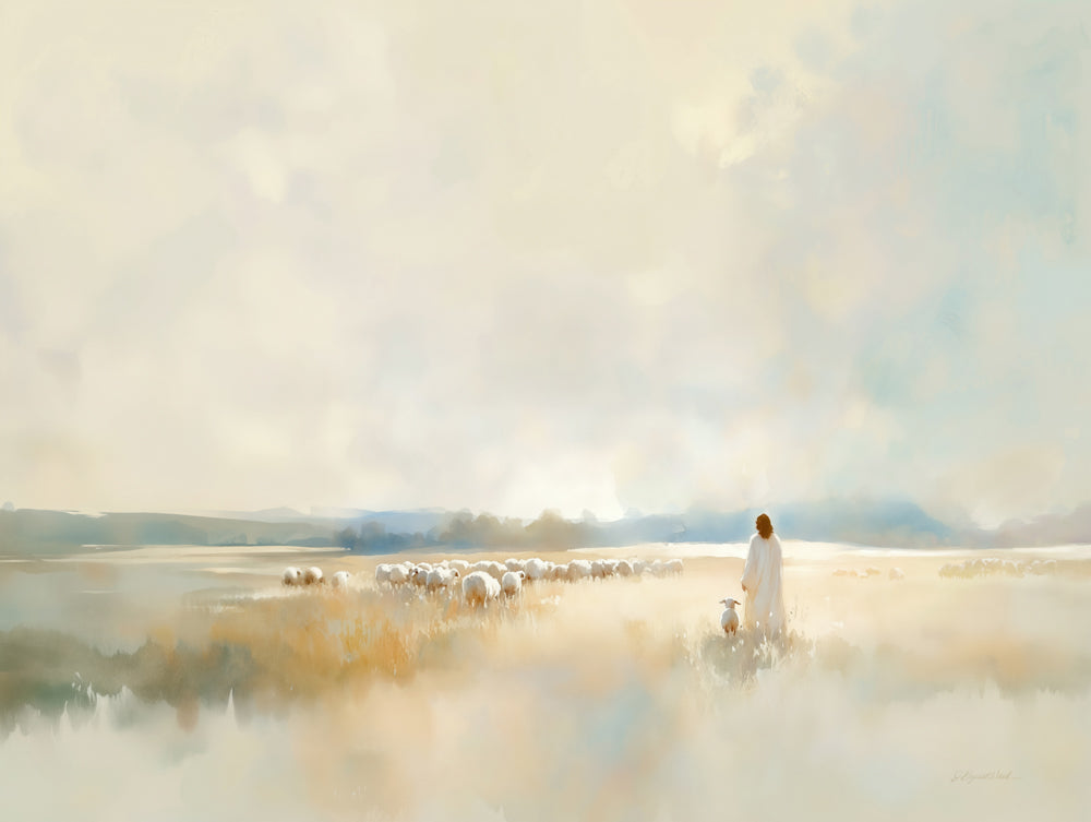 Jesus Christ with a herd of sheep.