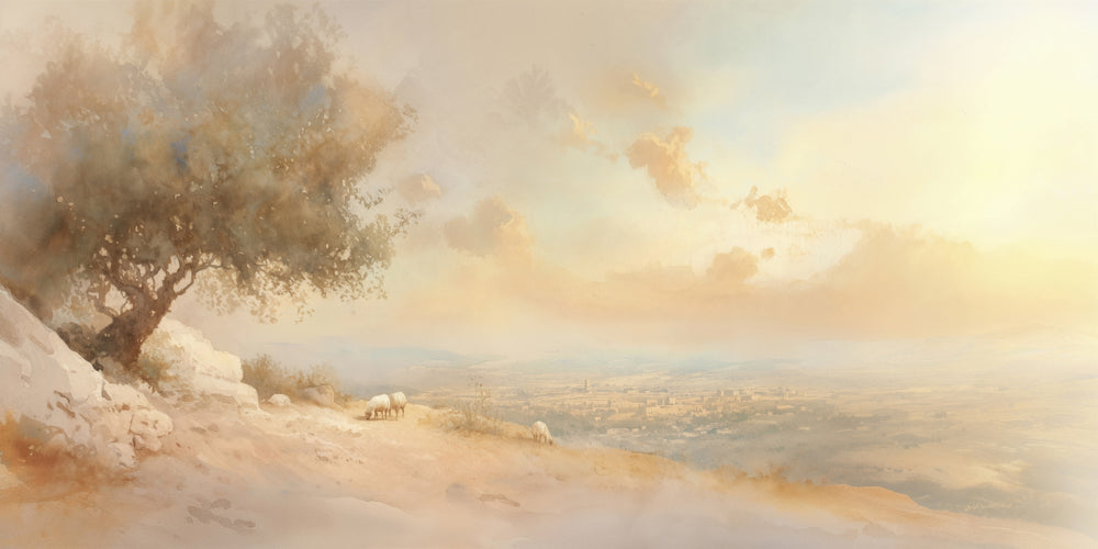 Sheep on a hill overlooking a city.