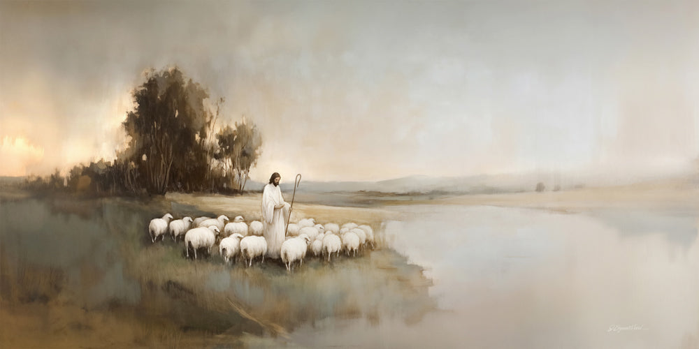 Jesus Christ with a shepherd's crook and a flock of sheep.