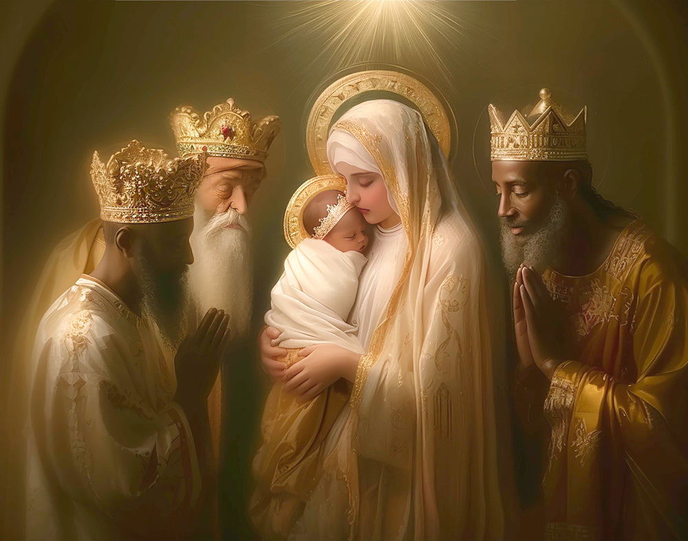 Mary with baby Jesus surrounded by three wise men.