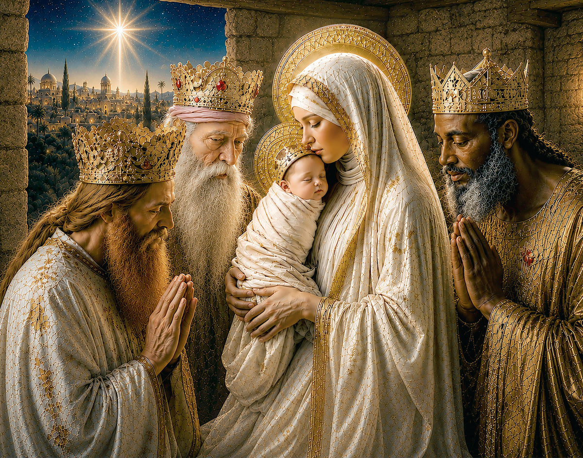 Mary with baby Jesus surrounded by three wise men.