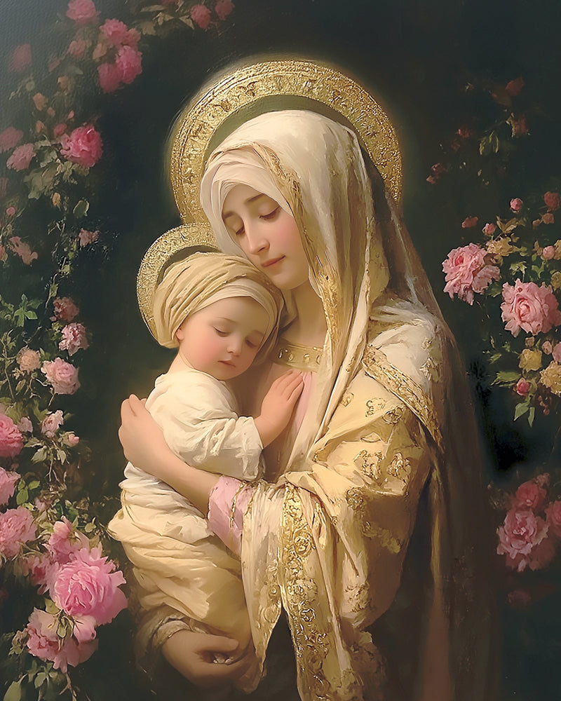 Mary and baby Jesus surrounded by roses.