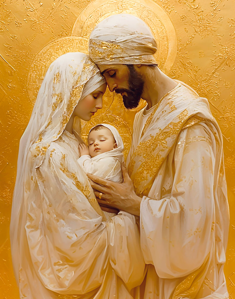 Mary, Joseph, and the baby Jesus in gold.