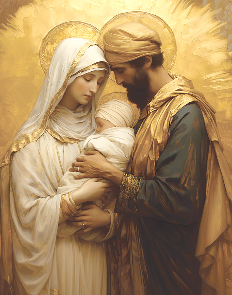 Mary and Joseph holding a baby Jesus Christ.