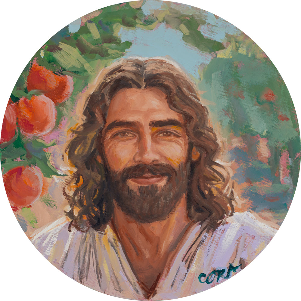 A portrait of Jesus Christ with fruit trees.