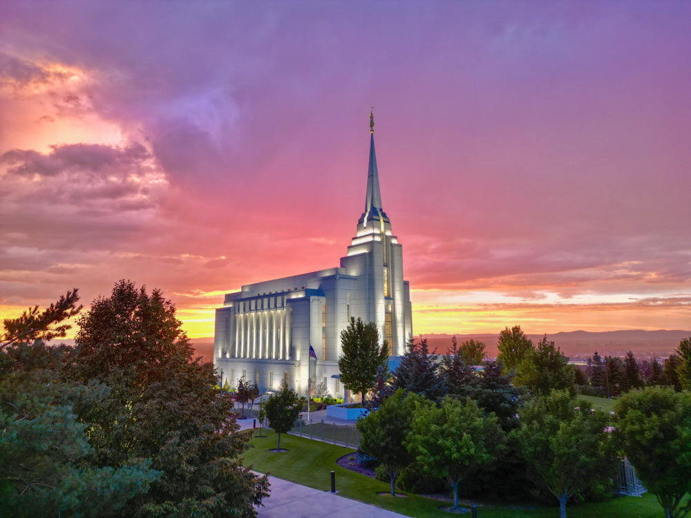 The Rexburg Idaho Temple at dusk.