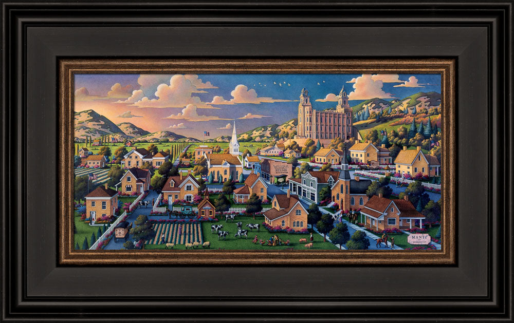 Painting of the Manti Utah City with the Manti Temple on a hill in the background.