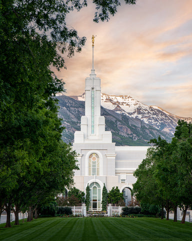 The Mount Timpanogos Utah Temple surrounded by trees with the mountain in the background.