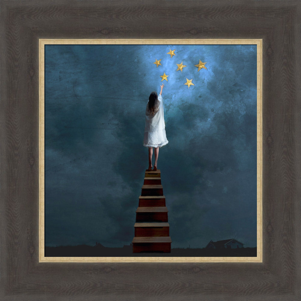 Framed artwork of a woman on a staircase reaching for stars against a dark blue sky.