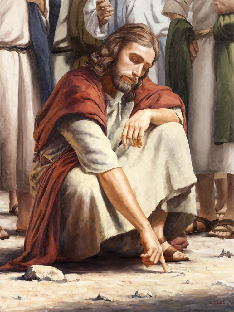 Jesus Christ bent down writing on the ground with his finger.