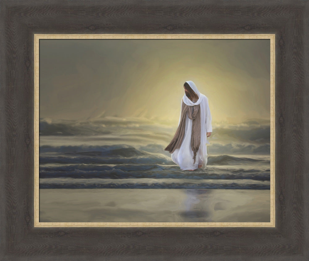 Jesus walking calmly across ocean waves.