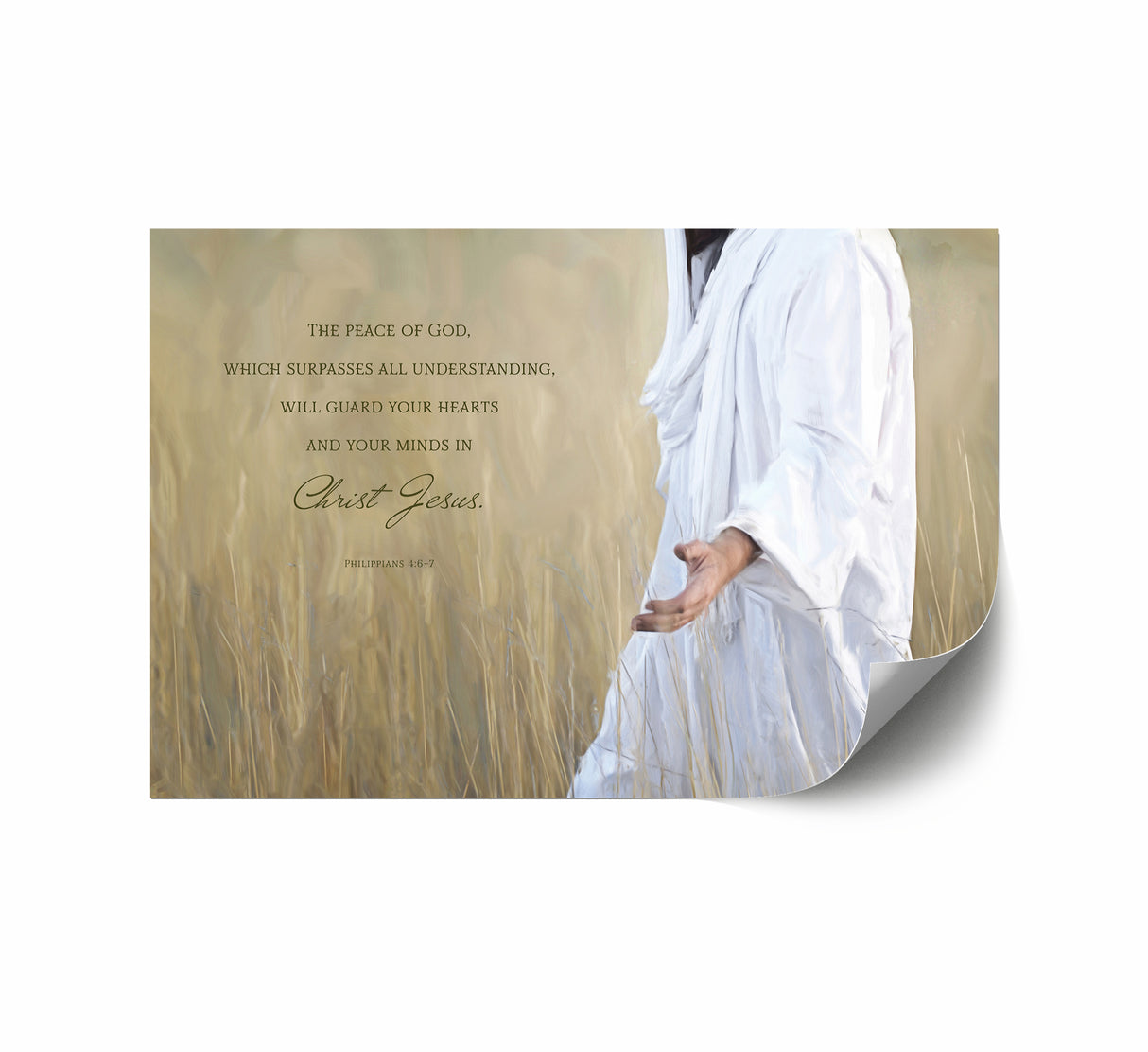 Jesus walking through a wheat field. Only his robe and outstretched hand is visible.