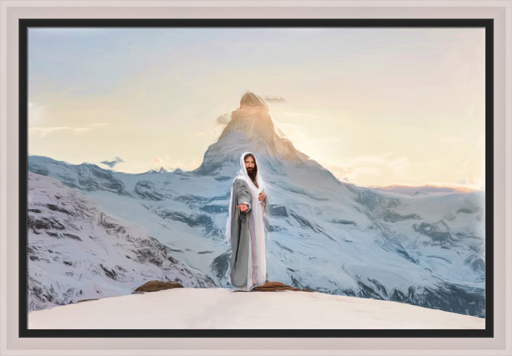 Jesus standing in a snowy landscape with mountains in the backdrop. His hand is outstretched toward the viewer.