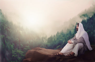 Jesus sitting in a peaceful spot in a forested mountain.