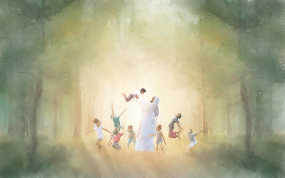 Jesus playing with a group of children, surrounded by trees.
