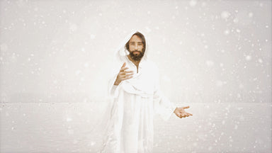 Jesus in a snowy landscape, reaching out to you.