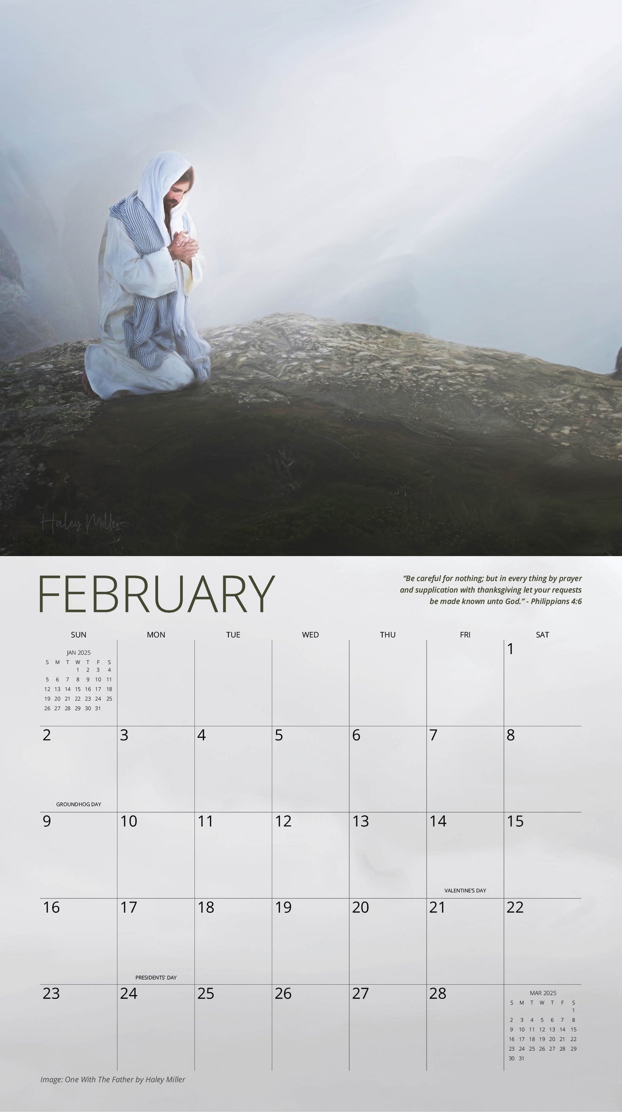 February page of ‘Rescuer’ calendar showing Jesus kneeling in prayer on a rocky surface amidst misty light.