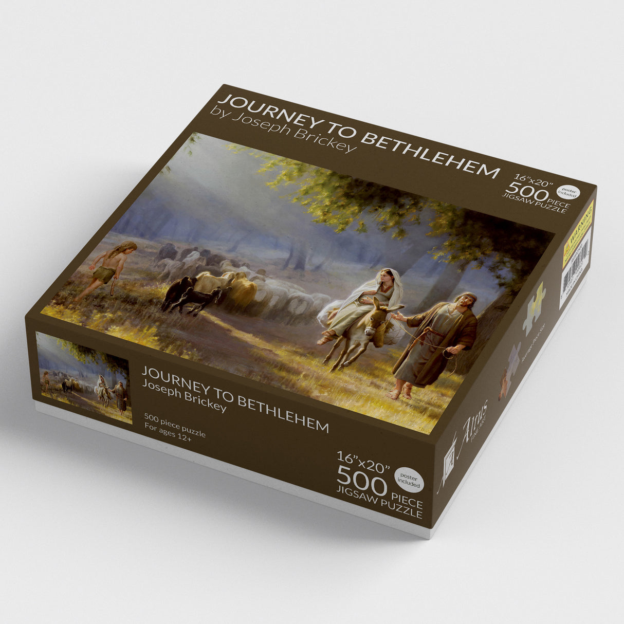 Joseph leading pregnant Mary on a donkey passing a heard of sheep.