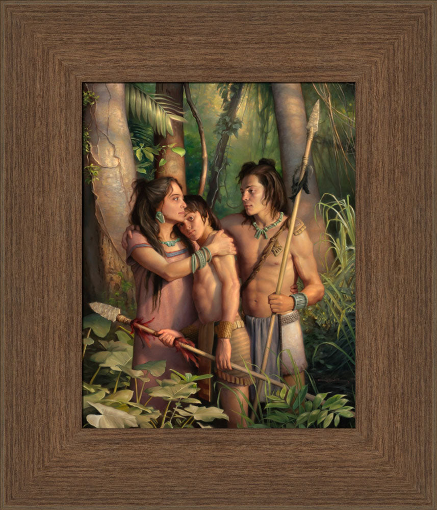 A mother comforting her two young warriors sons in the jungle.