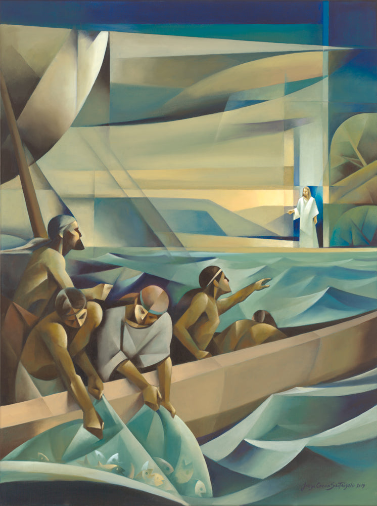 Jesus on the shore telling fishermen to cast their nets to the right side of the boat.