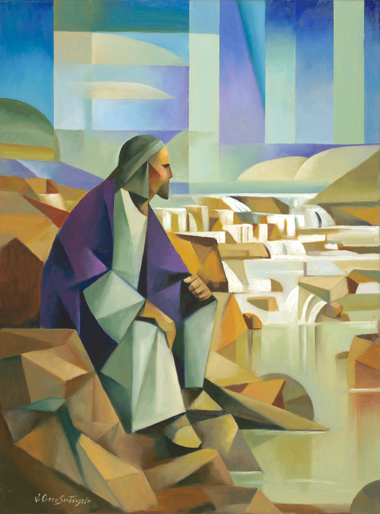 Jesus Christ in front of a natural fountain.