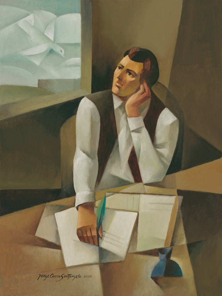 Modern painting of Joseph Smith Jr. translating The Book of Mormon.