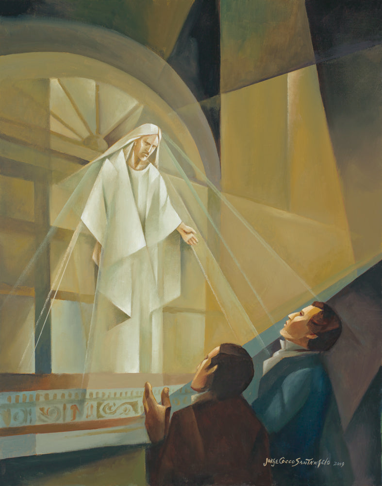 Modern painting of Joseph Smith and Oliver Cowdrey witnessing a vision in the Kirtland Temple.