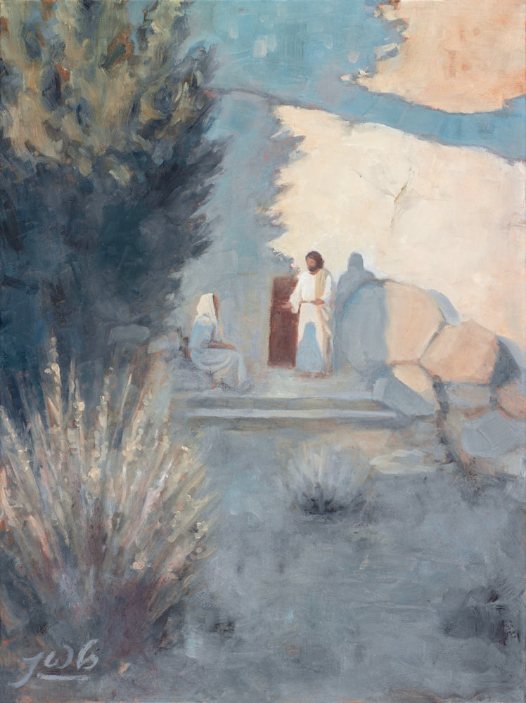 A resurrected Jesus Christ appearing to Mary outside the tomb.